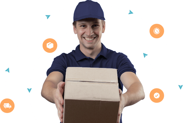 Smiling Move and Care mover handing over a cardboard box